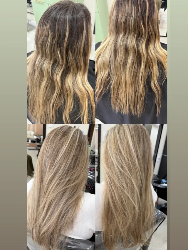 Antes y después de dos cambios de color aclarando el cabello, realizados en Peluquería y Estética Geovana Cavalheiro (Badajoz)